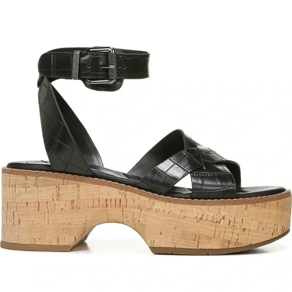 New Franco Sarto Sabello Platform Sandal cork Croc Embossed black animal print